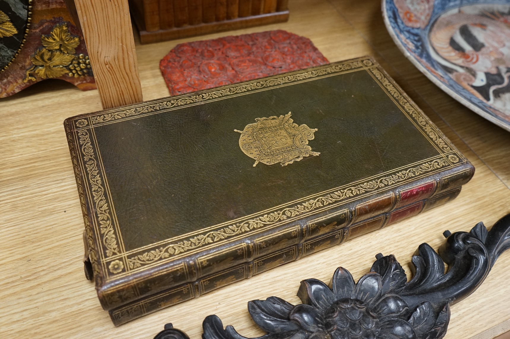 A backgammon games box, Sorrento box, a red wax seal mounted lid and a carved oak floral appliqué, 65cm wide (4)
